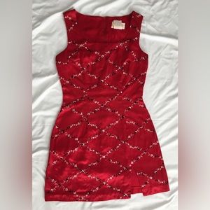 EUC 90’s XOXO gorgeous vivid red satin embroidered short dress with front slit.